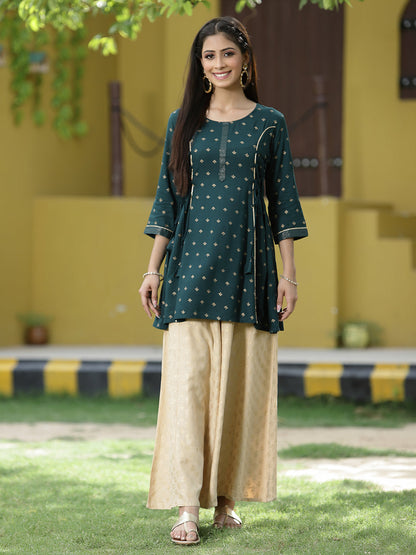 Juniper Green Rayon Festive Printed A-Line Tunic For Women
