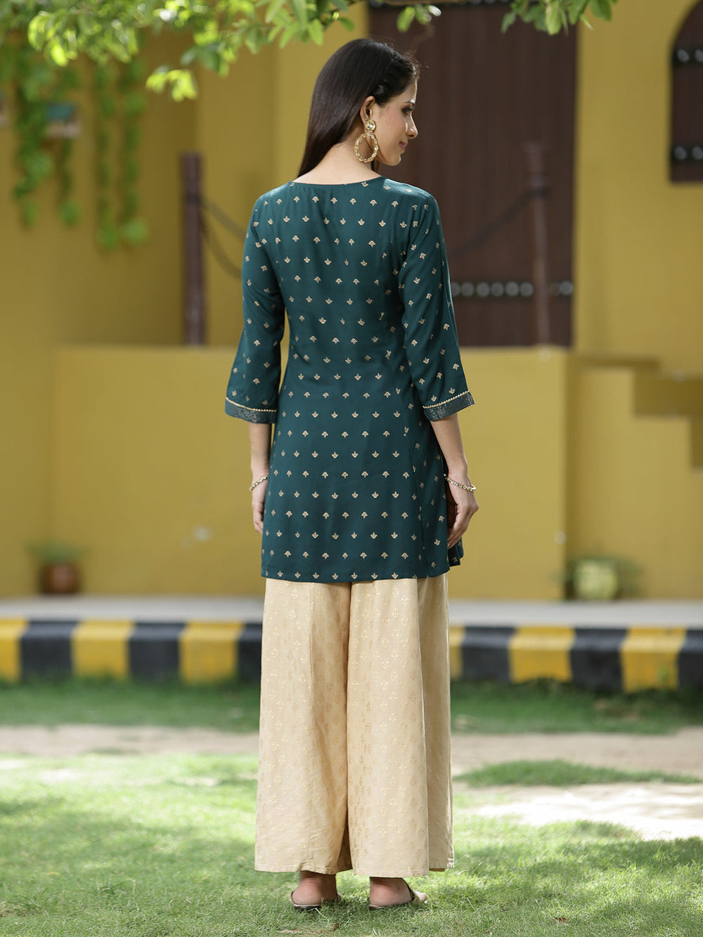 Juniper Green Rayon Festive Printed A-Line Tunic For Women