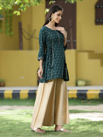Juniper Green Rayon Festive Printed A-Line Tunic For Women