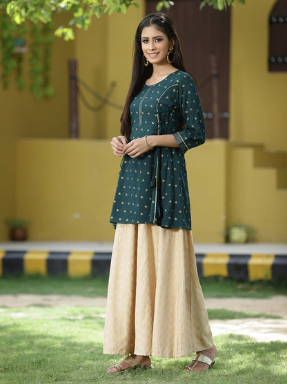 Juniper Green Rayon Festive Printed A-Line Tunic For Women