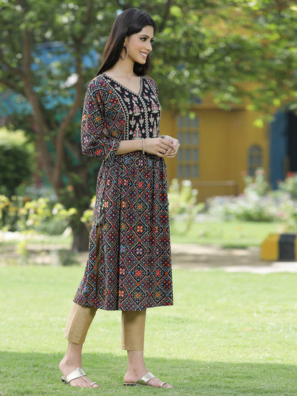 Juniper Black Rayon Festive Printed Flared Kurta For Women