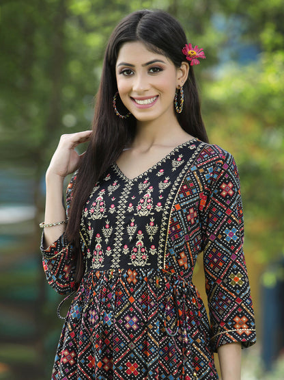 Juniper Black Rayon Festive Printed Flared Kurta For Women