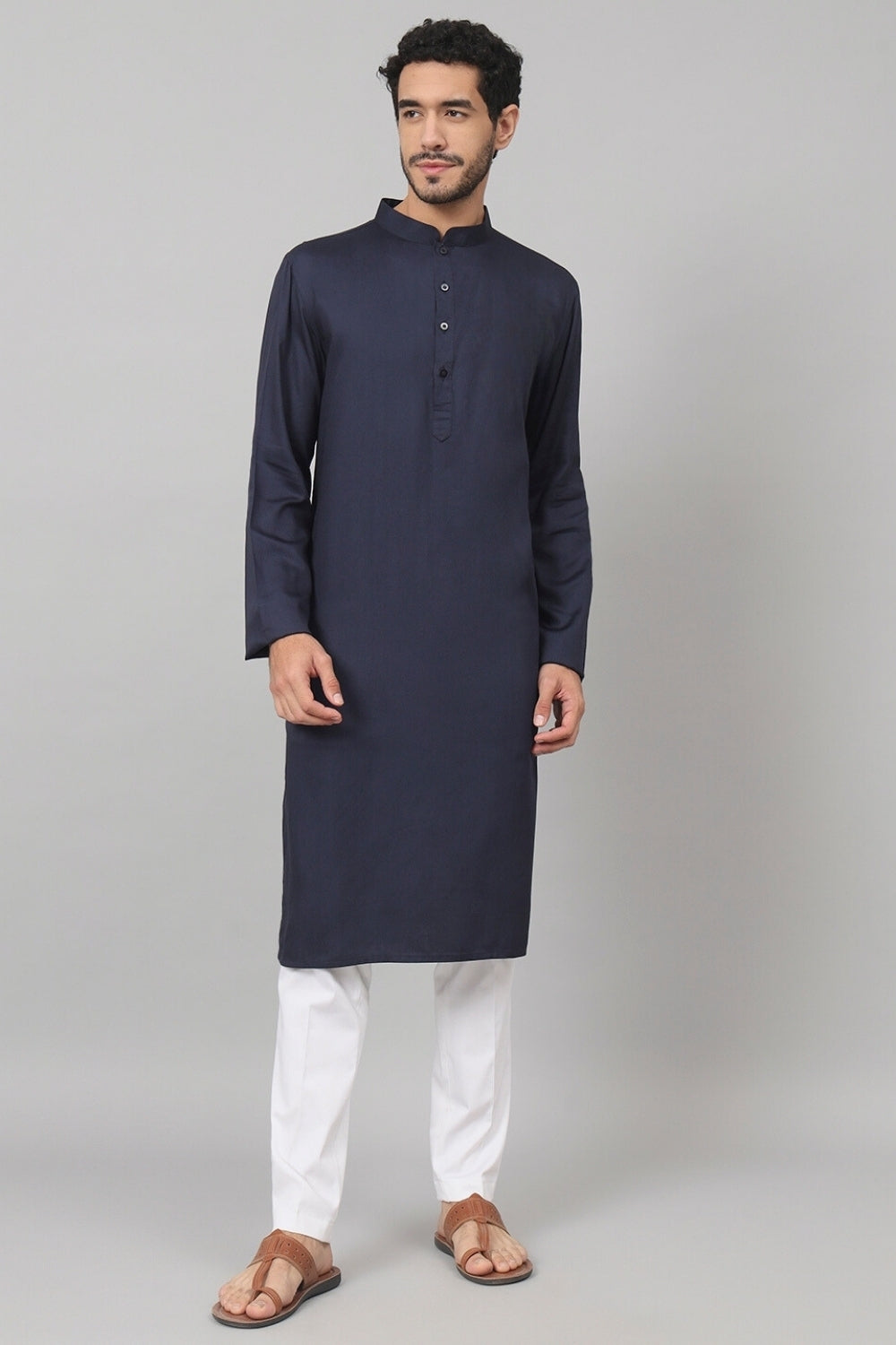 Giza Cotton Navy Blue Plain Kurta by Hilo Design