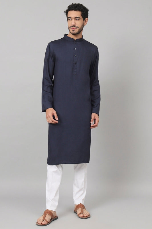 Giza Cotton Navy Blue Plain Kurta by Hilo Design