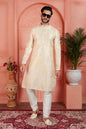 Raivat Ethnic Men's Jacquard Silk Brocade Pintux Work Kurta Pyjama In Cream Colour