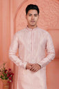Raivat Ethnic Men's Jacquard Silk Brocade Pintux Work Kurta Pyjama In Peach Colour