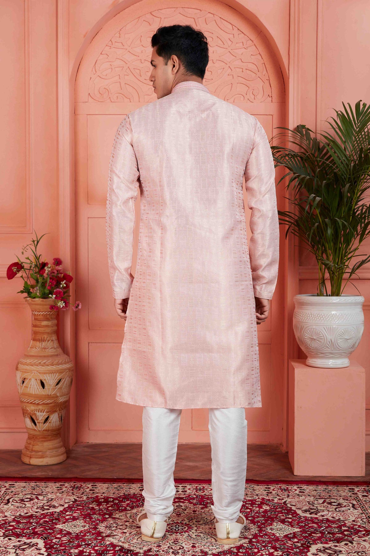 Raivat Ethnic Men's Jacquard Silk Brocade Pintux Work Kurta Pyjama In Peach Colour