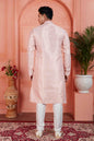 Raivat Ethnic Men's Jacquard Silk Brocade Pintux Work Kurta Pyjama In Peach Colour