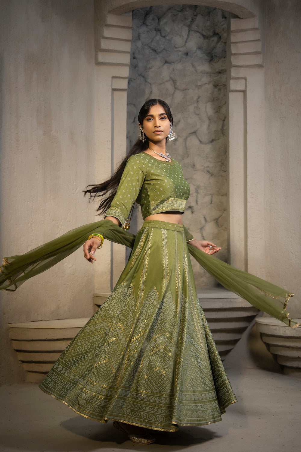 Juniper Green Santoon Slub Festive Printed Crop Lehenga Choli Dupatta For Women
