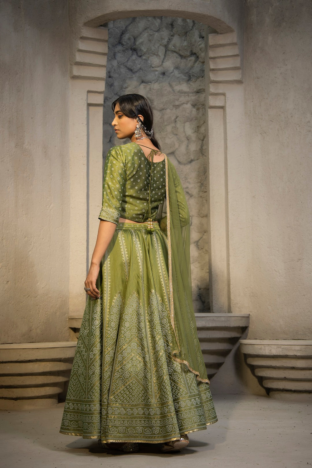 Juniper Green Santoon Slub Festive Printed Crop Lehenga Choli Dupatta For Women