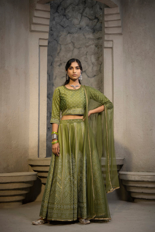 Juniper Green Santoon Slub Festive Printed Crop Lehenga Choli Dupatta For Women