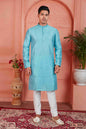 Raivat Ethnic Men's Jacquard Silk Brocade Mirror and Pintux Work Kurta Pyjama In Blue Colour