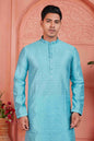 Raivat Ethnic Men's Jacquard Silk Brocade Mirror and Pintux Work Kurta Pyjama In Blue Colour