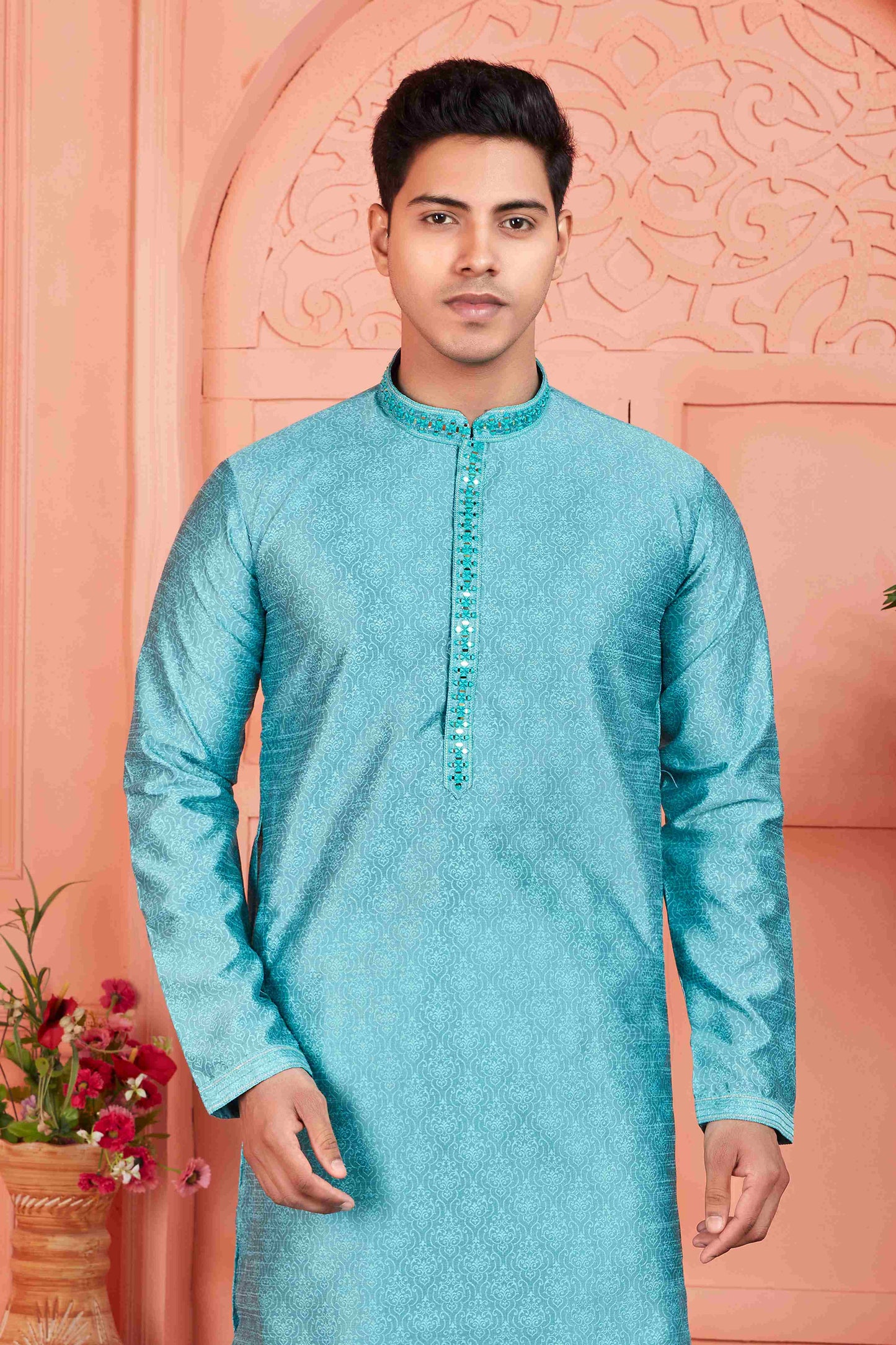 Raivat Ethnic Men's Jacquard Silk Brocade Mirror and Pintux Work Kurta Pyjama In Blue Colour