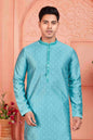 Raivat Ethnic Men's Jacquard Silk Brocade Mirror and Pintux Work Kurta Pyjama In Blue Colour