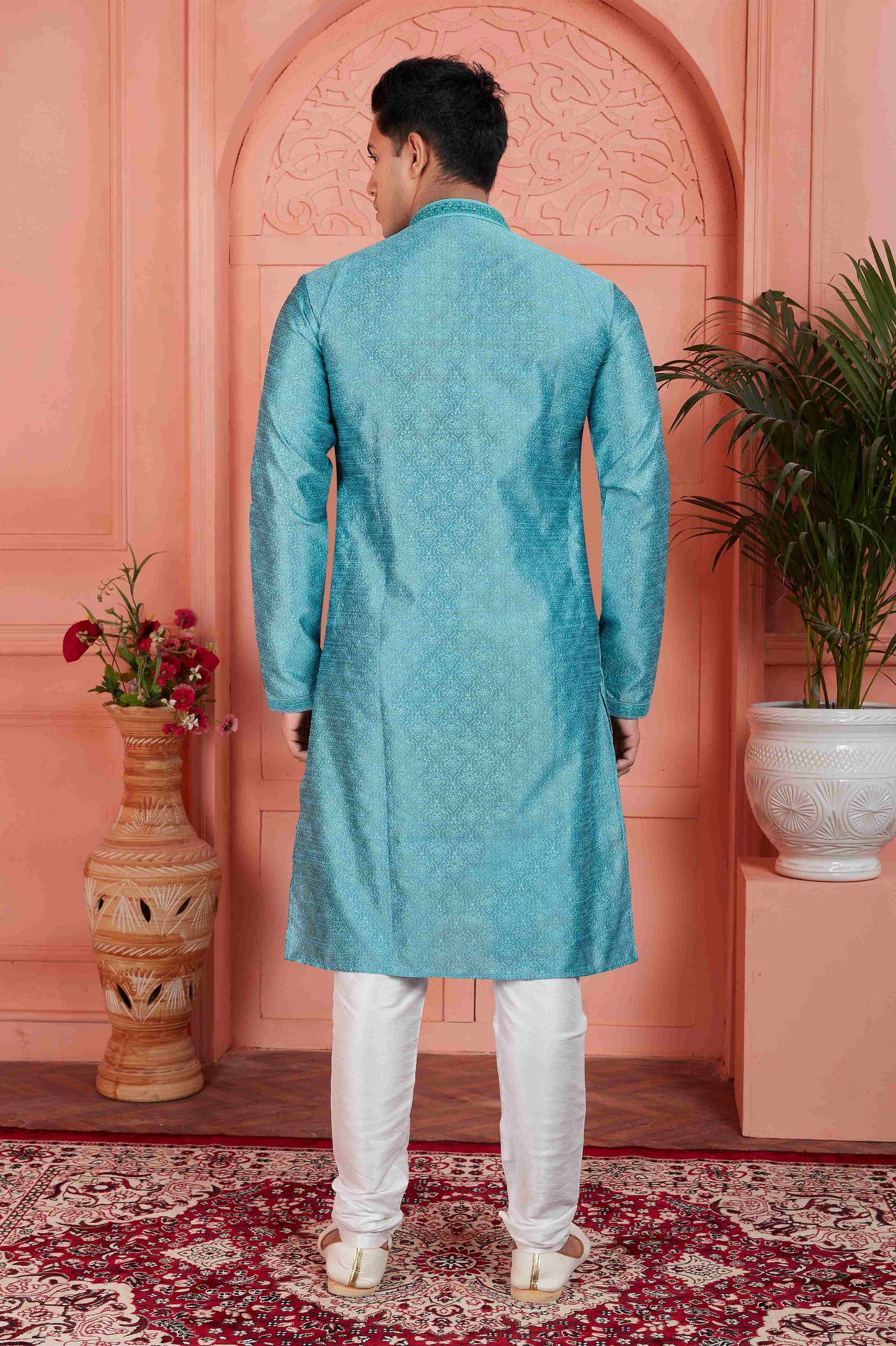 Raivat Ethnic Men's Jacquard Silk Brocade Mirror and Pintux Work Kurta Pyjama In Blue Colour