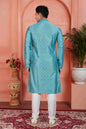 Raivat Ethnic Men's Jacquard Silk Brocade Mirror and Pintux Work Kurta Pyjama In Blue Colour