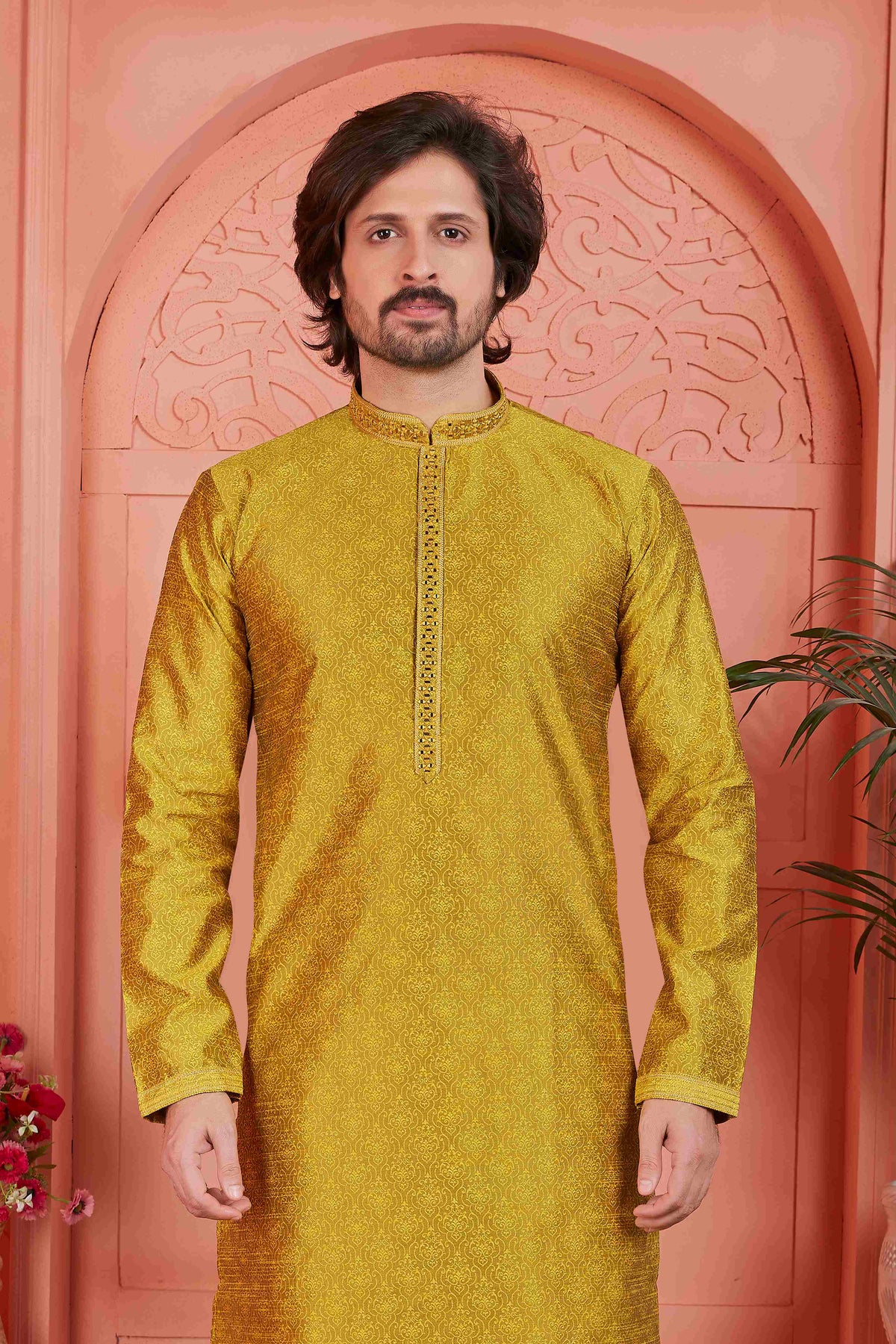 Raivat Ethnic Men's Jacquard Silk Brocade Mirror and Pintux Work Kurta Pyjama In Gold Colour
