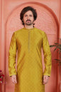 Raivat Ethnic Men's Jacquard Silk Brocade Mirror and Pintux Work Kurta Pyjama In Gold Colour