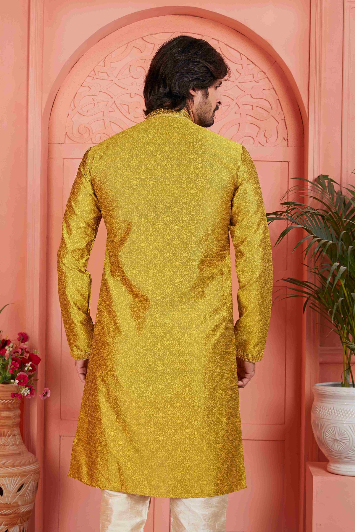 Raivat Ethnic Men's Jacquard Silk Brocade Mirror and Pintux Work Kurta Pyjama In Gold Colour