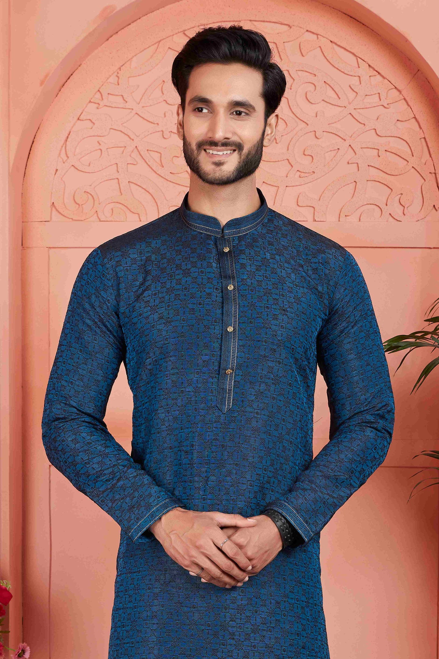 Raivat Ethnic Men's Jacquard Silk Brocade Pintux Work Kurta Pyjama In Teal Colour