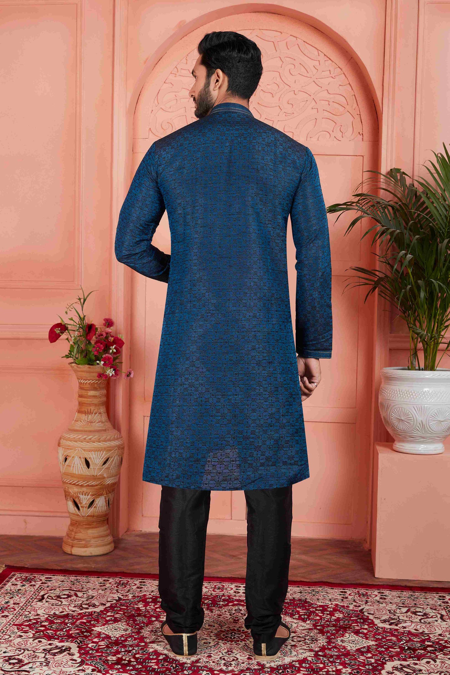 Raivat Ethnic Men's Jacquard Silk Brocade Pintux Work Kurta Pyjama In Teal Colour