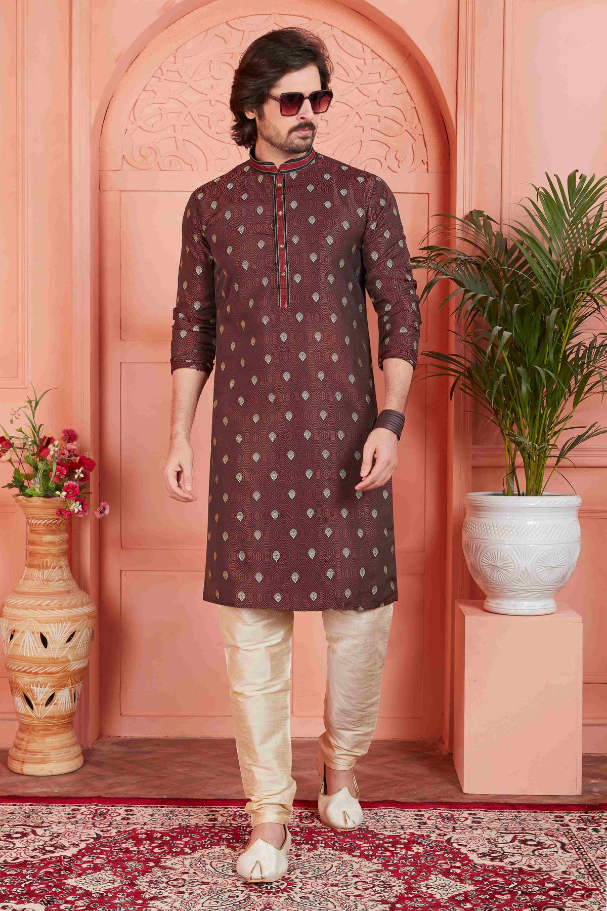 Raivat Ethnic Men's Jacquard Silk Brocade Pintux Work Kurta Pyjama In Brown Colour