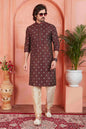 Raivat Ethnic Men's Jacquard Silk Brocade Pintux Work Kurta Pyjama In Brown Colour