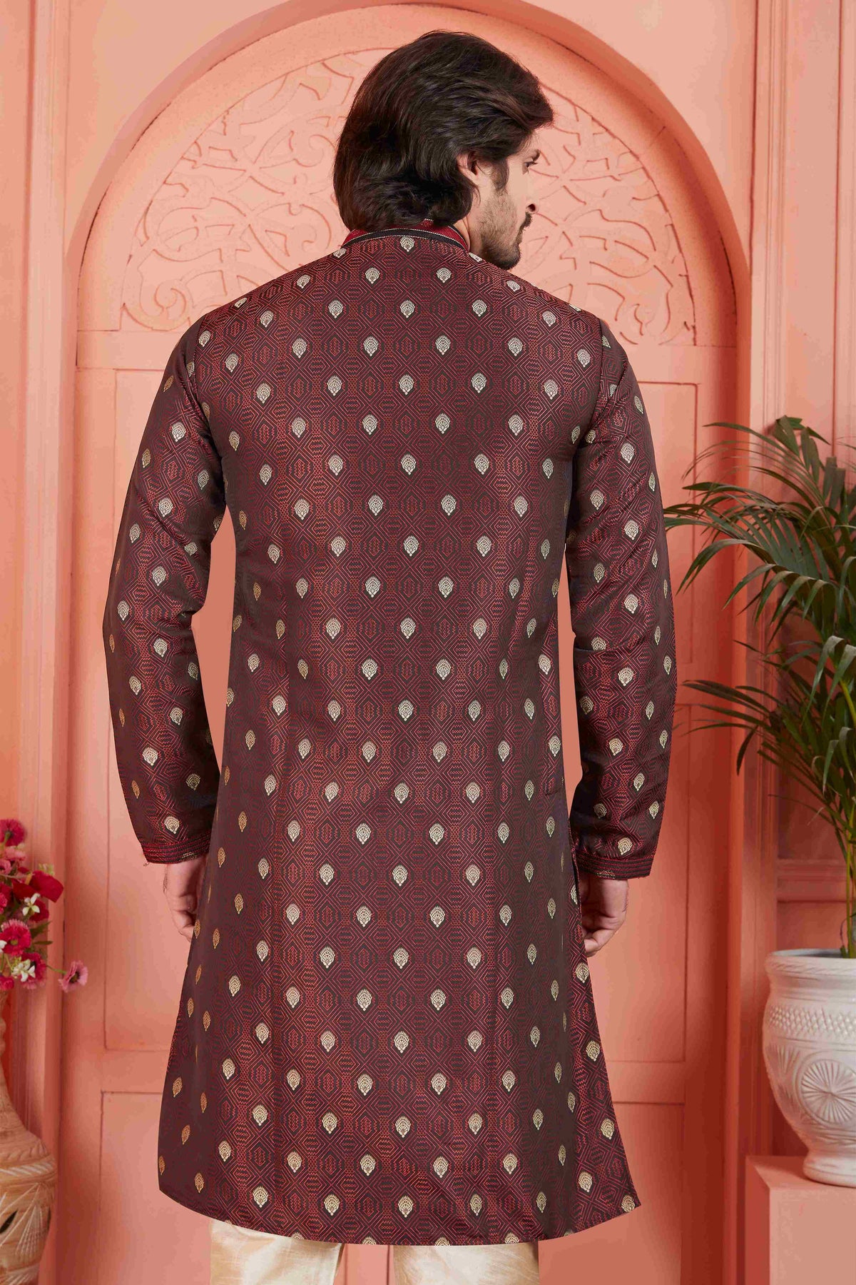 Raivat Ethnic Men's Jacquard Silk Brocade Pintux Work Kurta Pyjama In Brown Colour