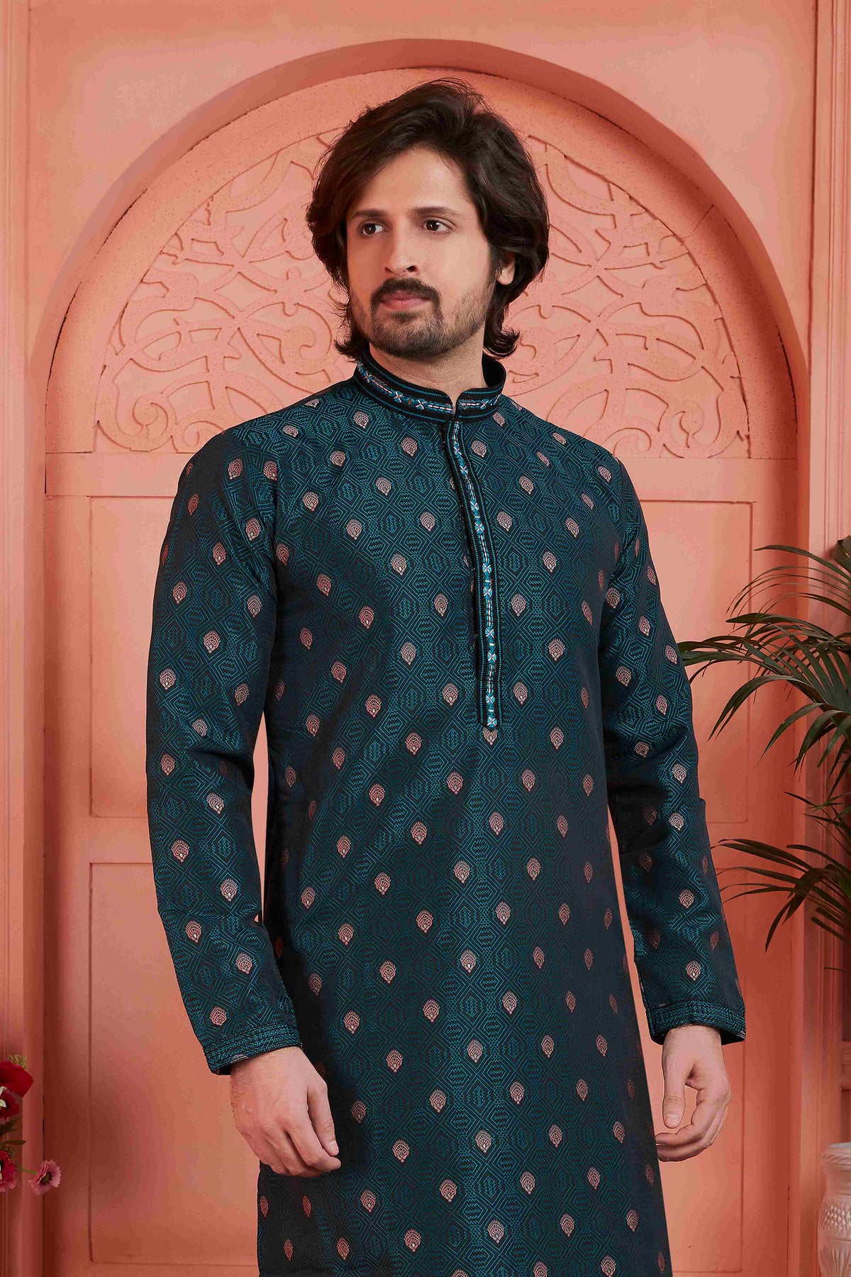 Raivat Ethnic Men's Jacquard Silk Brocade Pintux Work Kurta Pyjama In Teal Blue Colour