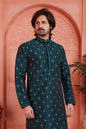 Raivat Ethnic Men's Jacquard Silk Brocade Pintux Work Kurta Pyjama In Teal Blue Colour