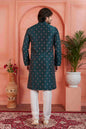 Raivat Ethnic Men's Jacquard Silk Brocade Pintux Work Kurta Pyjama In Teal Blue Colour