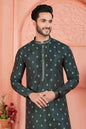 Raivat Ethnic Men's Jacquard Silk Brocade Pintux Work Kurta Pyjama In Dark Green Colour