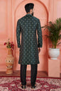 Raivat Ethnic Men's Jacquard Silk Brocade Pintux Work Kurta Pyjama In Dark Green Colour