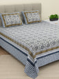 BELLA CASA Ethic White & Blue Printed Cotton 180 TC King Bedsheet with 2 Pillow Covers