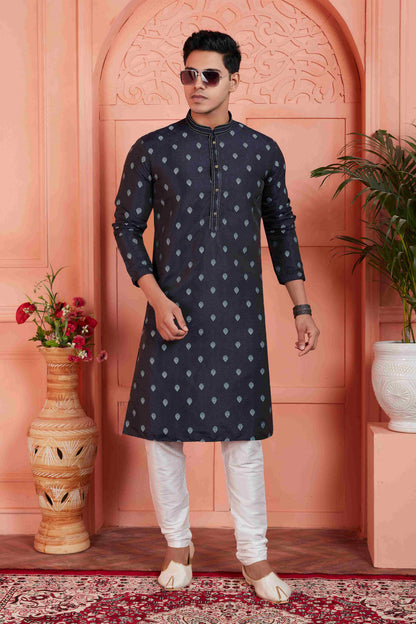 Raivat Ethnic Men's Jacquard Silk Brocade Pintux Work Kurta Pyjama In Blue Colour