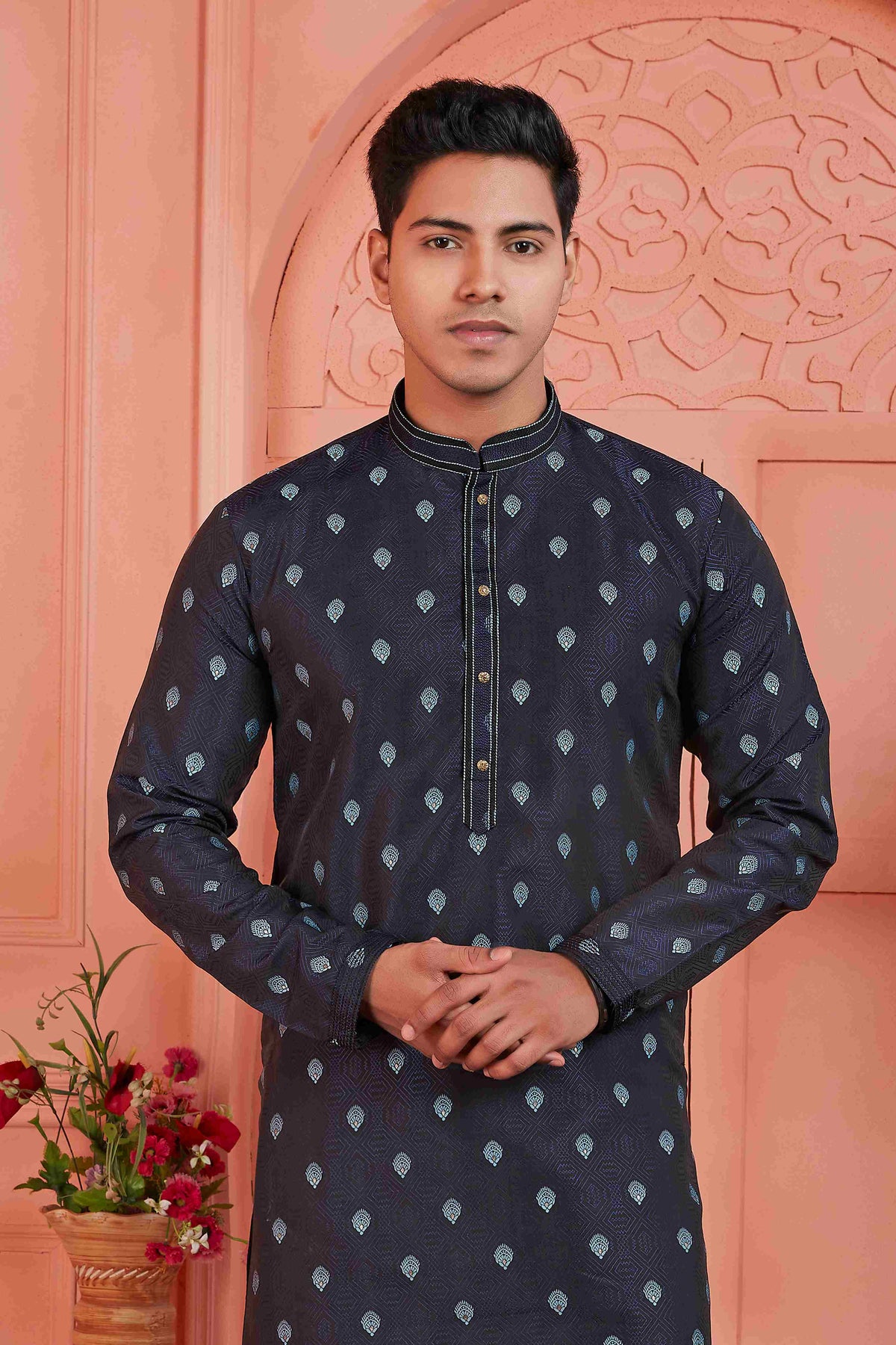 Raivat Ethnic Men's Jacquard Silk Brocade Pintux Work Kurta Pyjama In Blue Colour
