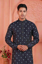 Raivat Ethnic Men's Jacquard Silk Brocade Pintux Work Kurta Pyjama In Blue Colour