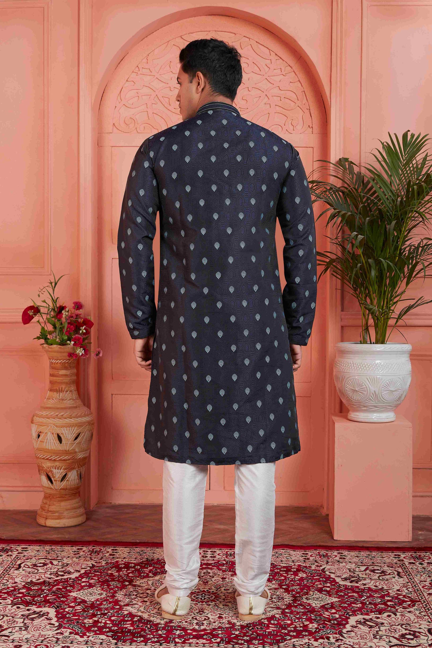 Raivat Ethnic Men's Jacquard Silk Brocade Pintux Work Kurta Pyjama In Blue Colour