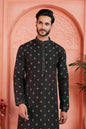 Raivat Ethnic Men's Jacquard Silk Brocade Pintux Work Kurta Pyjama In Black Colour