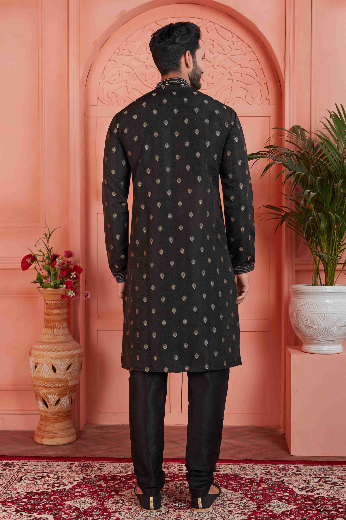 Raivat Ethnic Men's Jacquard Silk Brocade Pintux Work Kurta Pyjama In Black Colour