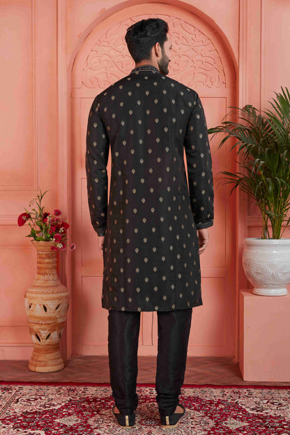 Raivat Ethnic Men's Jacquard Silk Brocade Pintux Work Kurta Pyjama In Black Colour