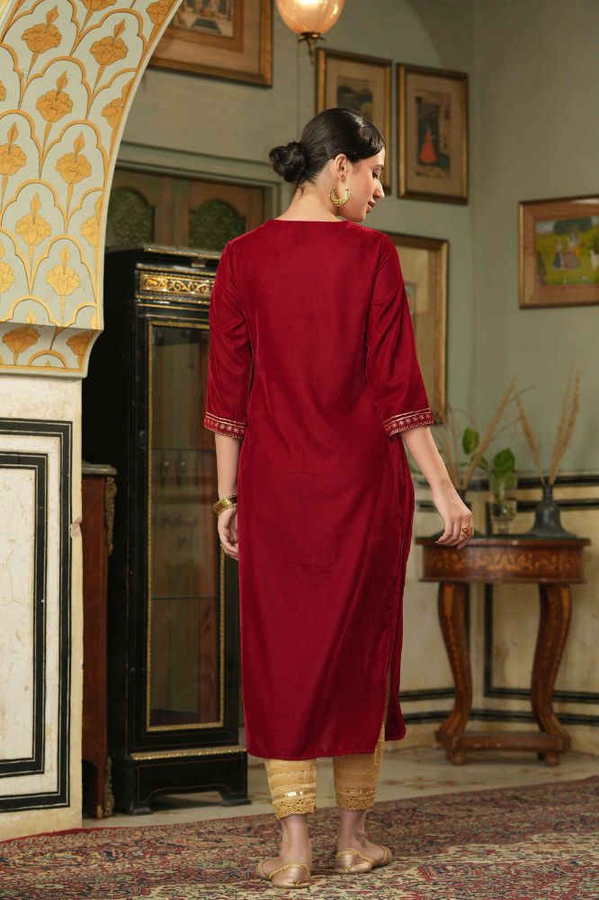 Juniper Maroon Velvet Festive Solid Embroidered Straight Kurta For Women