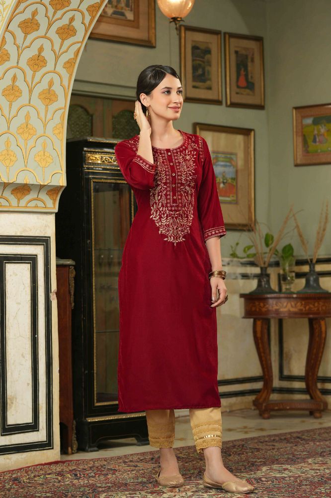 Juniper Maroon Velvet Festive Solid Embroidered Straight Kurta For Women