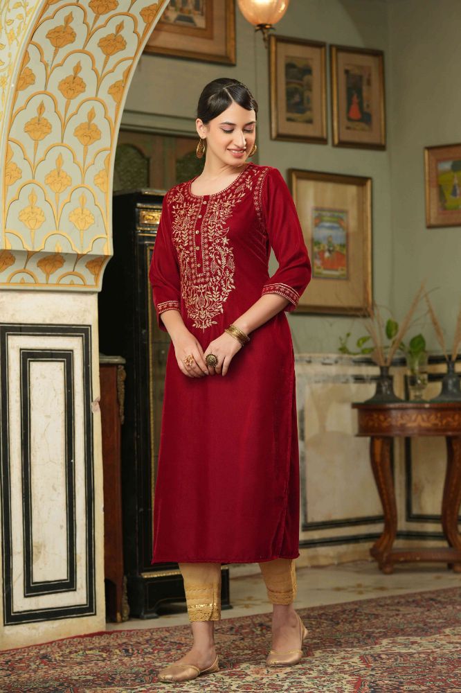 Juniper Maroon Velvet Festive Solid Embroidered Straight Kurta For Women