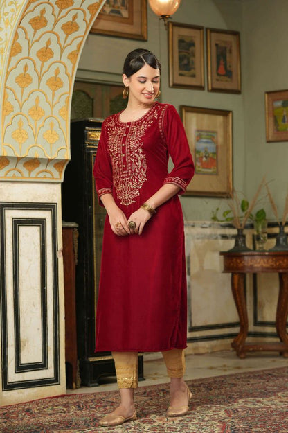 Juniper Maroon Velvet Festive Solid Embroidered Straight Kurta For Women