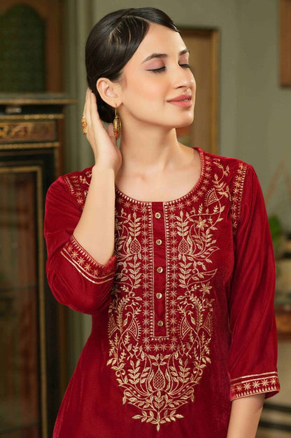 Juniper Maroon Velvet Festive Solid Embroidered Straight Kurta For Women