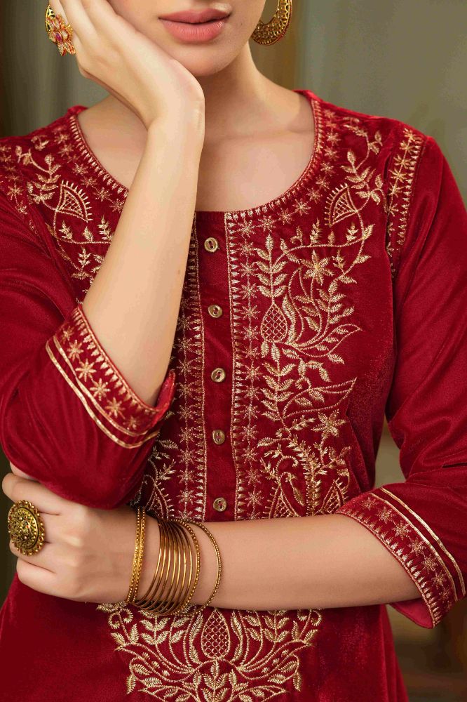 Juniper Maroon Velvet Festive Solid Embroidered Straight Kurta For Women