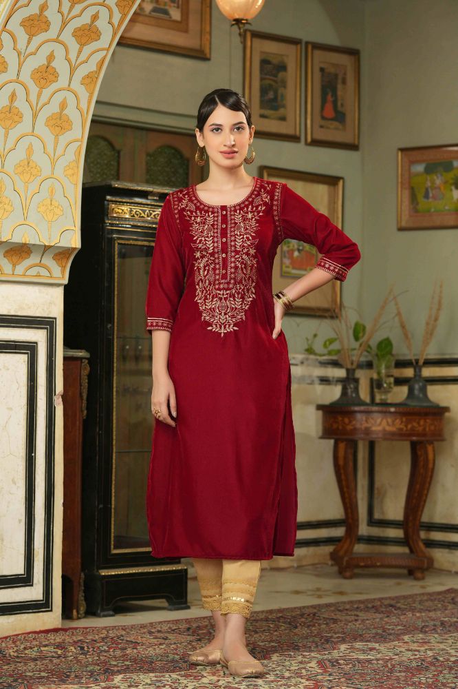 Juniper Maroon Velvet Festive Solid Embroidered Straight Kurta For Women