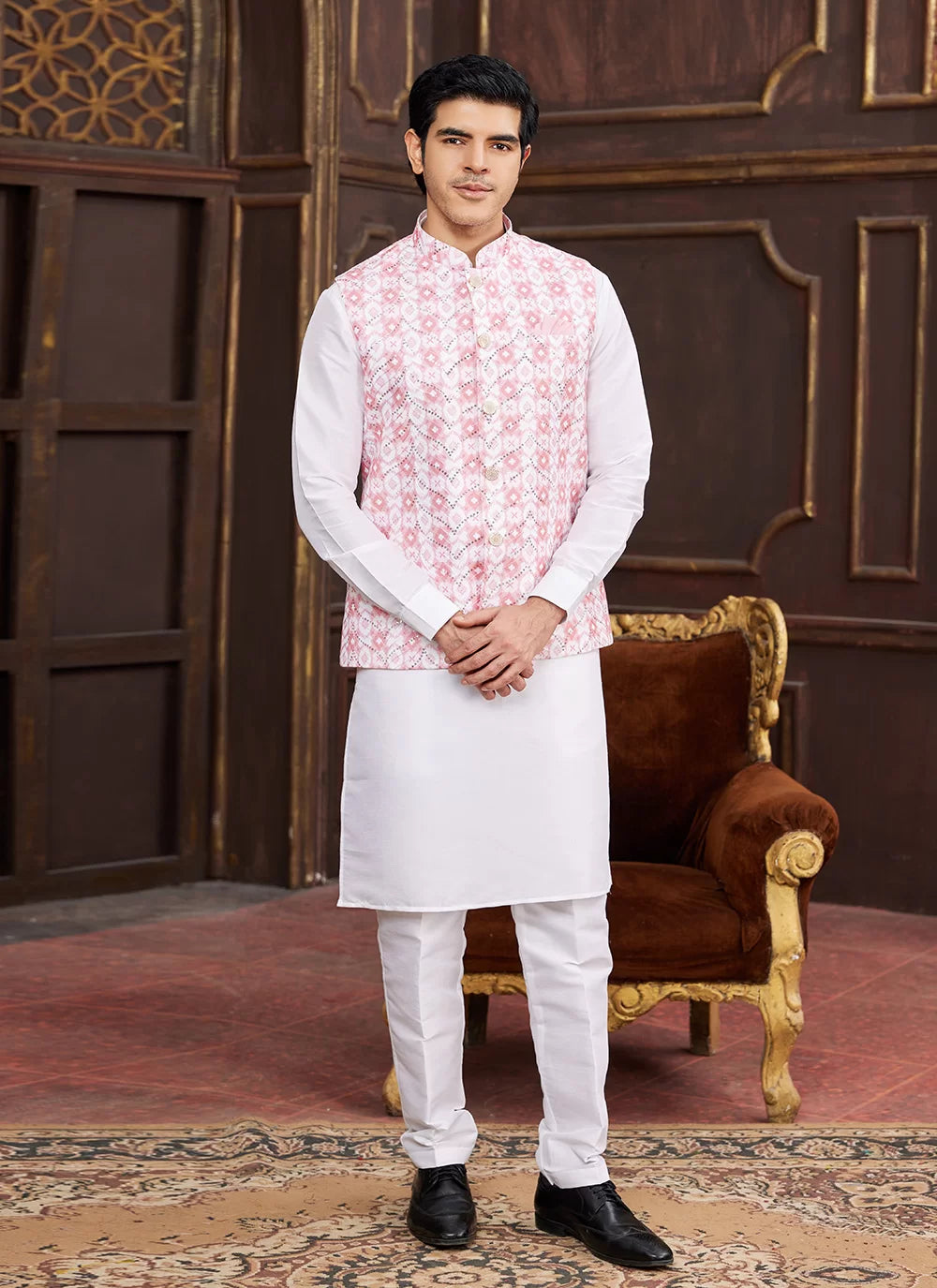 Raivat Ethnic Art Silk Digital Print Work Jacket Set In Pink Colour